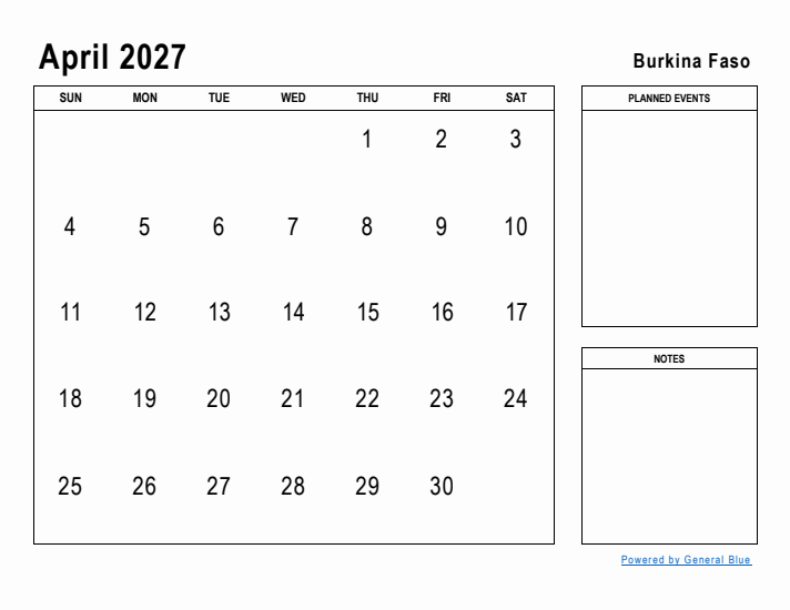 April 2027 Printable Monthly Calendar with Burkina Faso Holidays