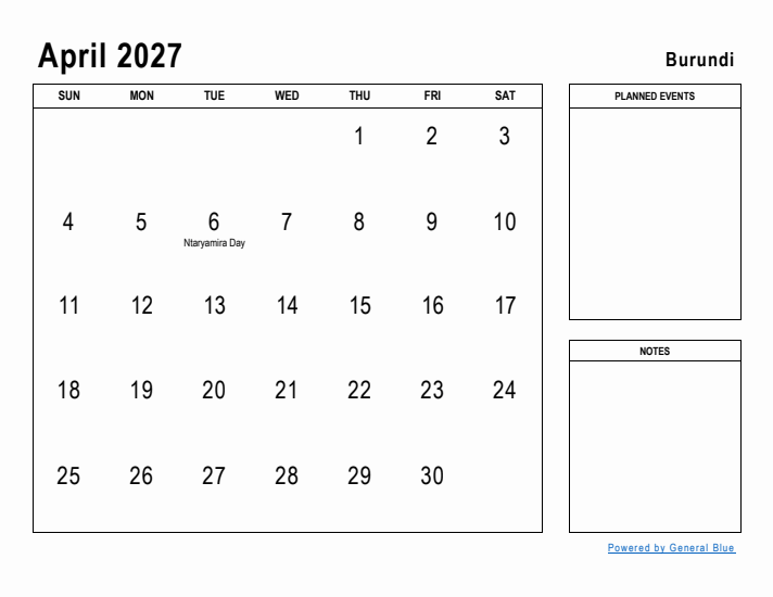 April 2027 Printable Monthly Calendar with Burundi Holidays