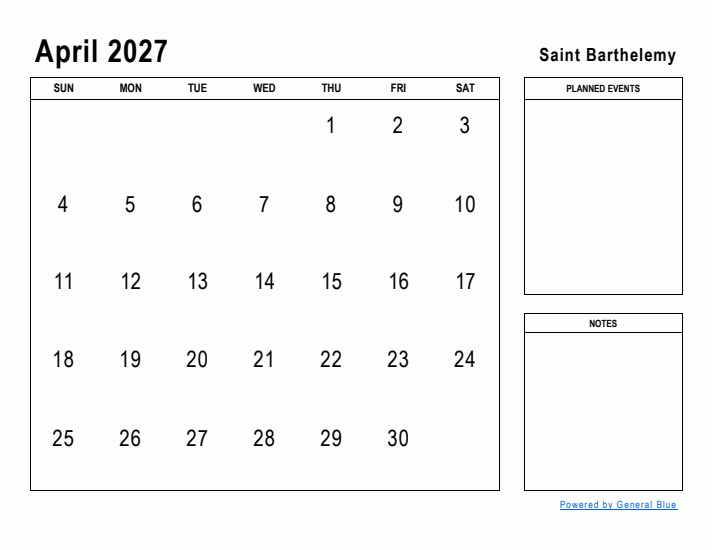 April 2027 Printable Monthly Calendar with Saint Barthelemy Holidays