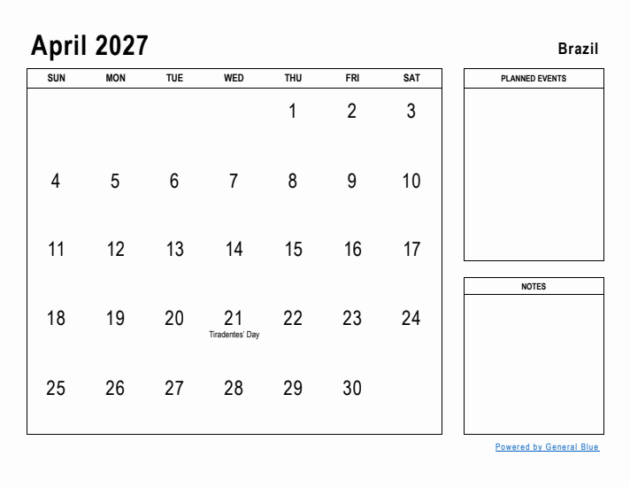 April 2027 Printable Monthly Calendar with Brazil Holidays