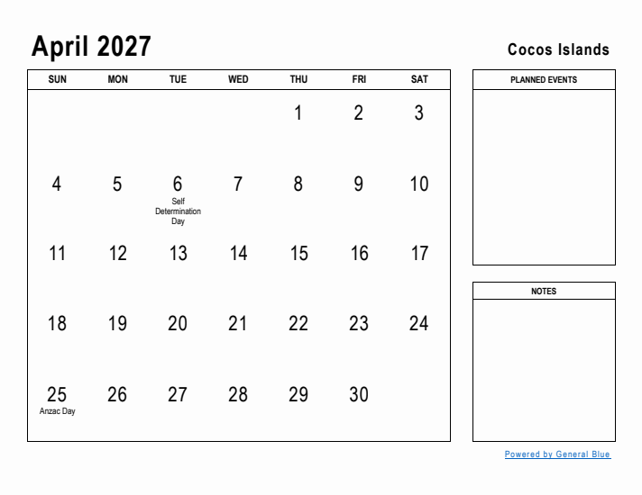 April 2027 Printable Monthly Calendar with Cocos Islands Holidays