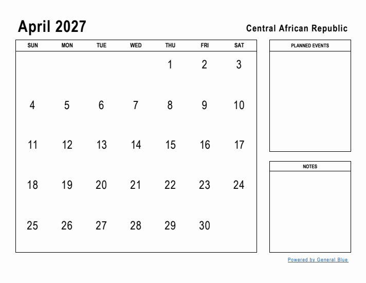 April 2027 Printable Monthly Calendar with Central African Republic Holidays