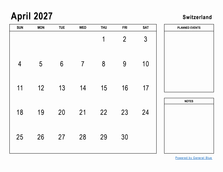 April 2027 Printable Monthly Calendar with Switzerland Holidays