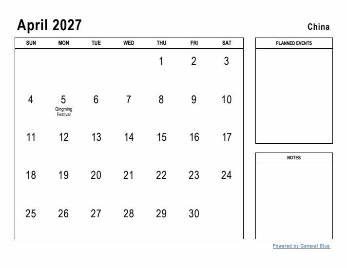 April 2027 Printable Monthly Calendar with China Holidays