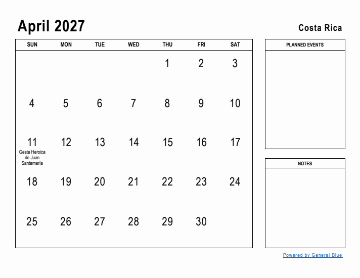 April 2027 Printable Monthly Calendar with Costa Rica Holidays