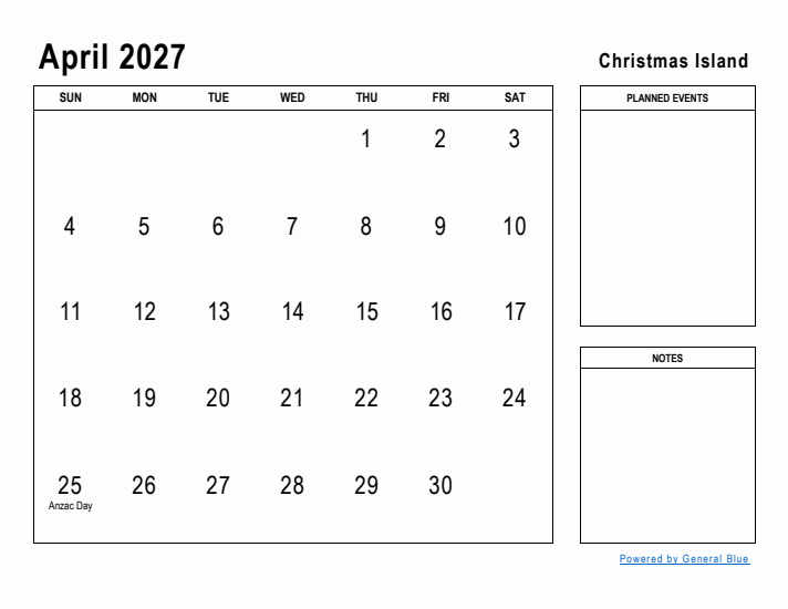 April 2027 Printable Monthly Calendar with Christmas Island Holidays