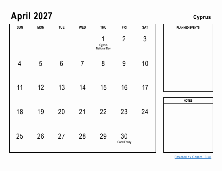 April 2027 Printable Monthly Calendar with Cyprus Holidays