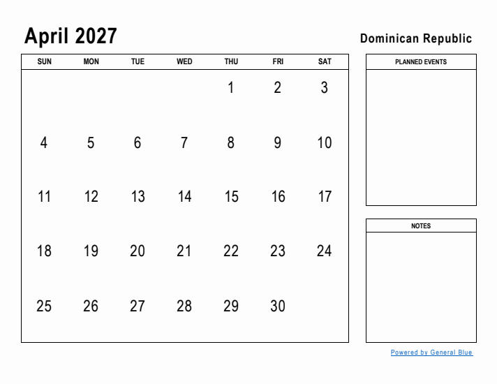 April 2027 Printable Monthly Calendar with Dominican Republic Holidays