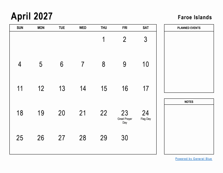 April 2027 Printable Monthly Calendar with Faroe Islands Holidays