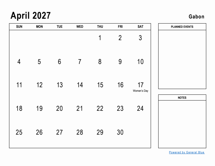 April 2027 Printable Monthly Calendar with Gabon Holidays