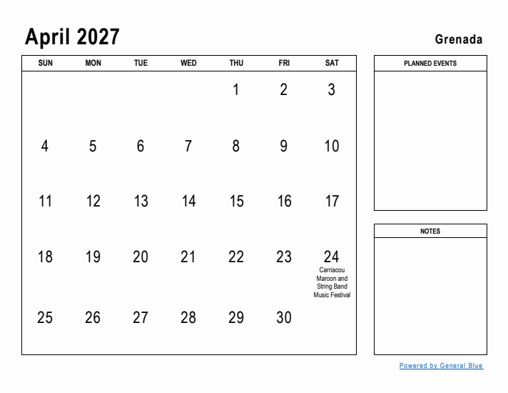 April 2027 Printable Monthly Calendar with Grenada Holidays