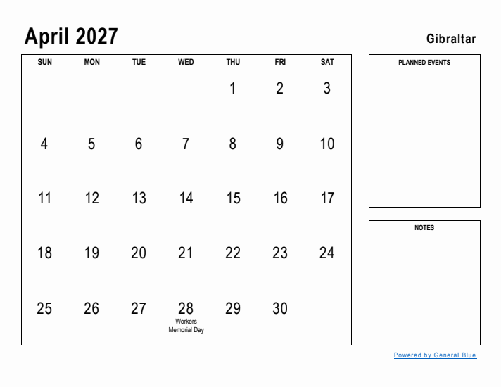 April 2027 Printable Monthly Calendar with Gibraltar Holidays