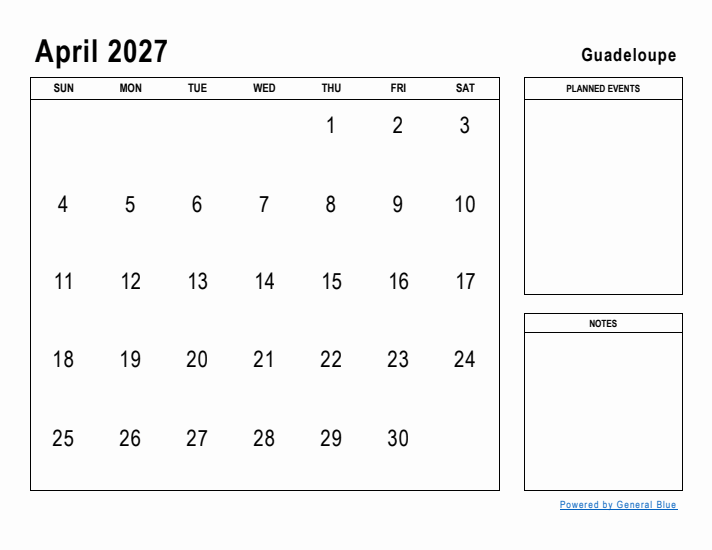 April 2027 Printable Monthly Calendar with Guadeloupe Holidays