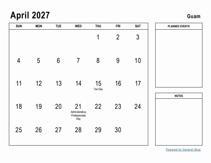 April 2027 Printable Monthly Calendar with Guam Holidays