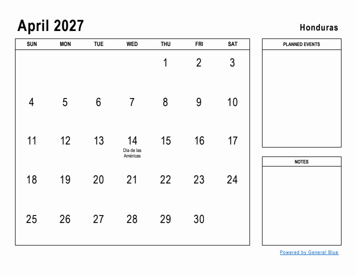 April 2027 Printable Monthly Calendar with Honduras Holidays