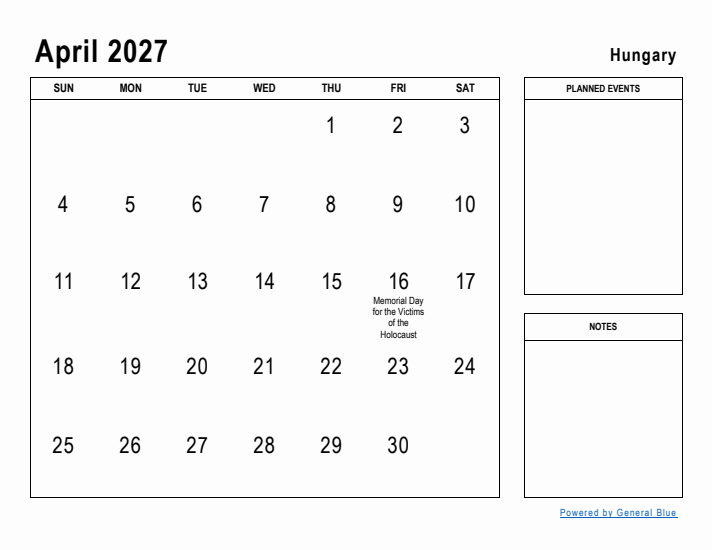 April 2027 Printable Monthly Calendar with Hungary Holidays