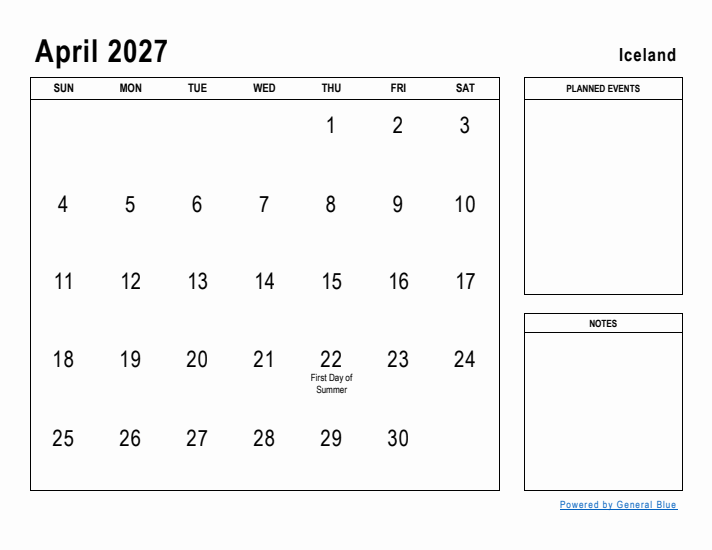 April 2027 Printable Monthly Calendar with Iceland Holidays