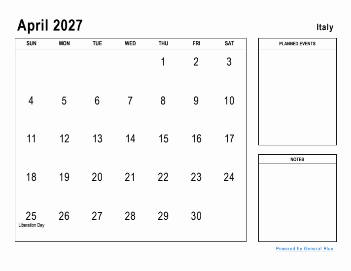 April 2027 Printable Monthly Calendar with Italy Holidays