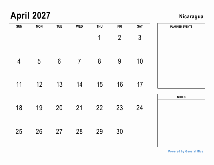 April 2027 Printable Monthly Calendar with Nicaragua Holidays