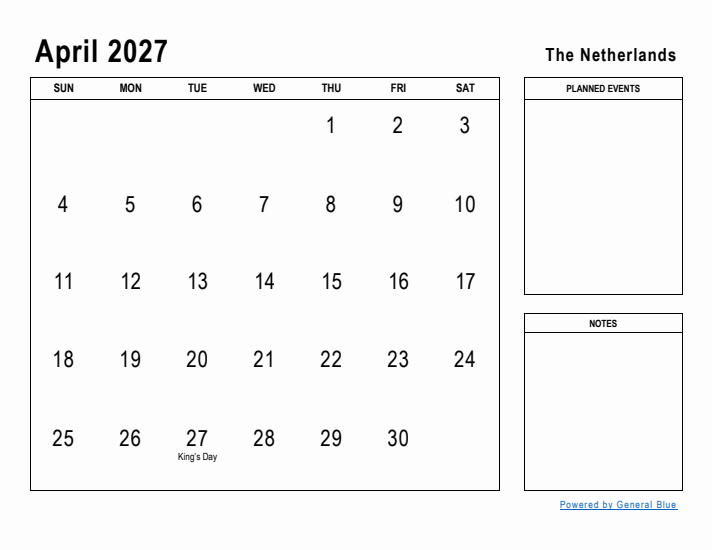 April 2027 Printable Monthly Calendar with The Netherlands Holidays