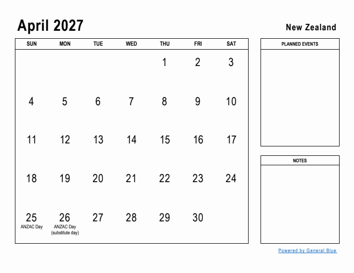 April 2027 Printable Monthly Calendar with New Zealand Holidays