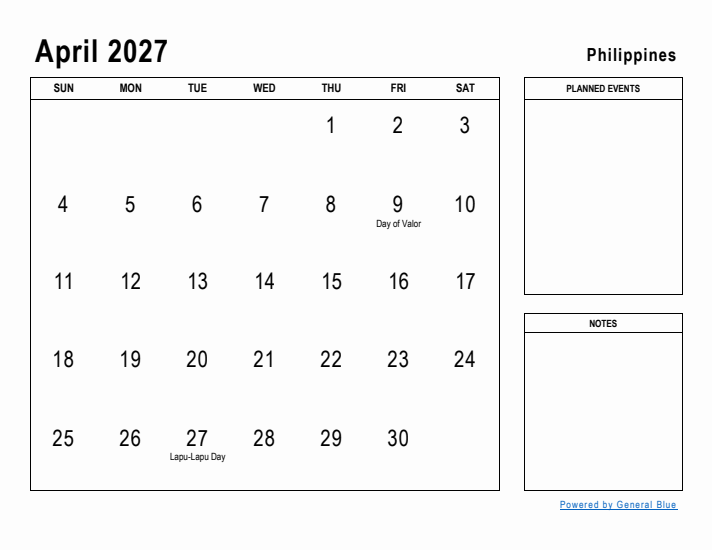 April 2027 Printable Monthly Calendar with Philippines Holidays