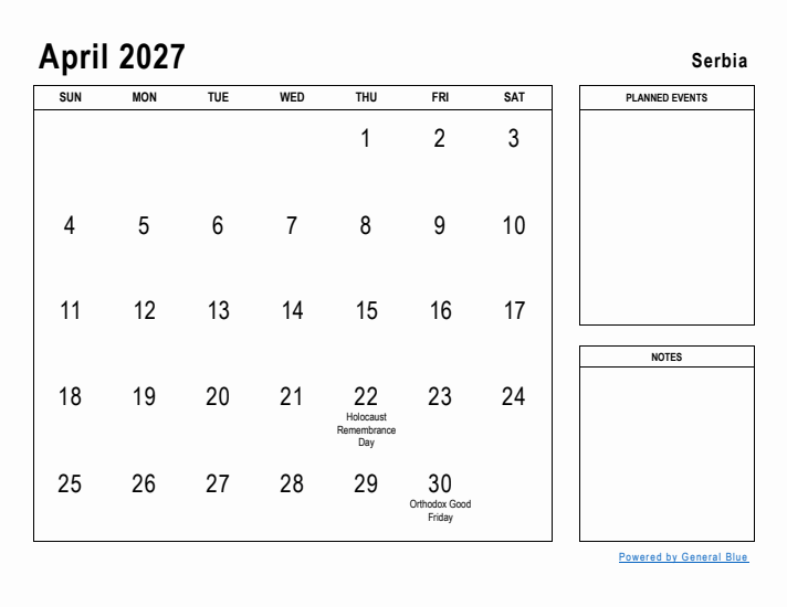 April 2027 Printable Monthly Calendar with Serbia Holidays