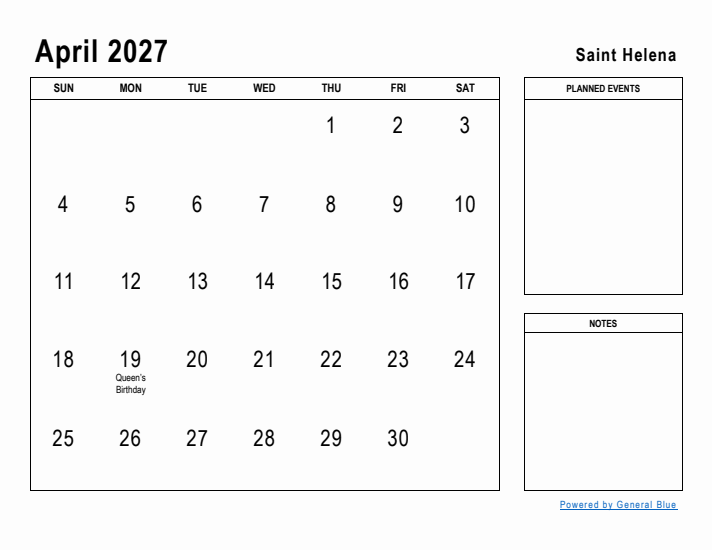 April 2027 Printable Monthly Calendar with Saint Helena Holidays