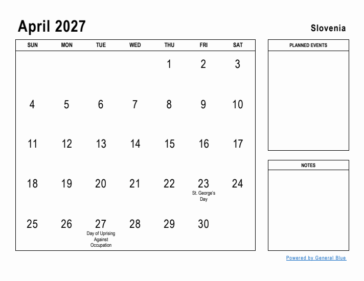 April 2027 Printable Monthly Calendar with Slovenia Holidays