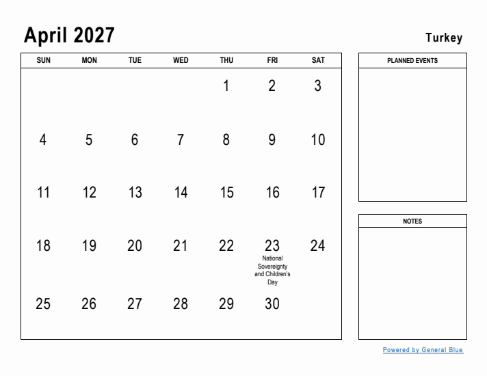 April 2027 Printable Monthly Calendar with Turkey Holidays