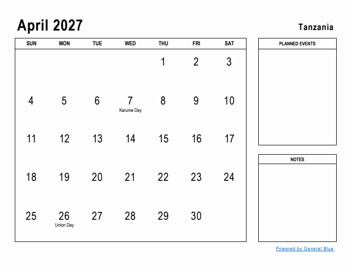 April 2027 Printable Monthly Calendar with Tanzania Holidays