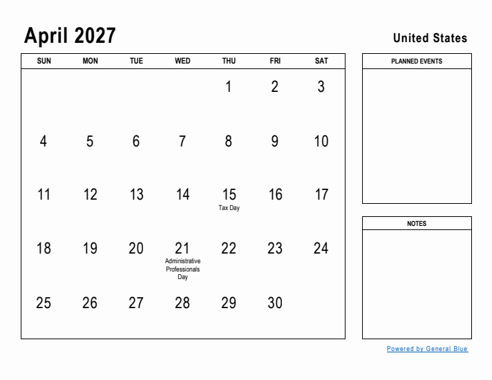 April 2027 Printable Monthly Calendar with United States Holidays