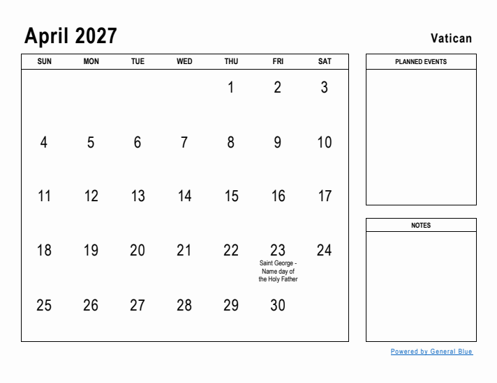 April 2027 Printable Monthly Calendar with Vatican Holidays