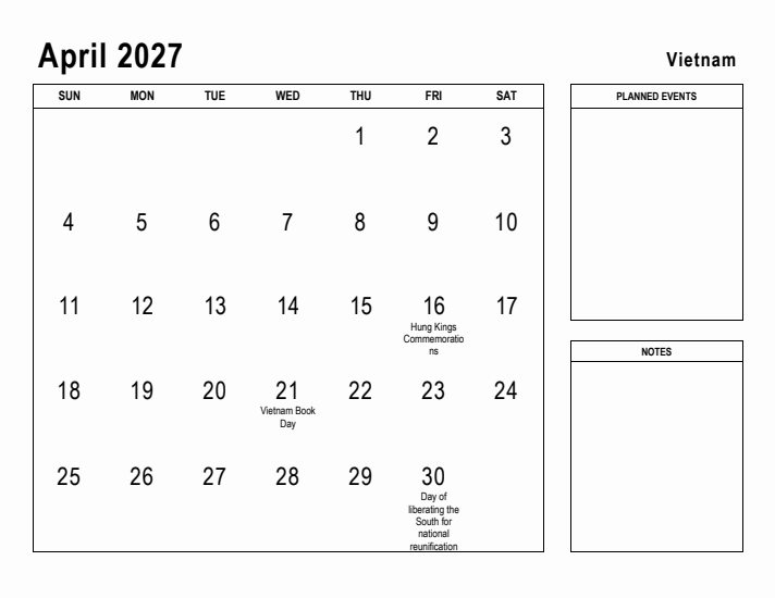 April 2027 Printable Monthly Calendar with Vietnam Holidays