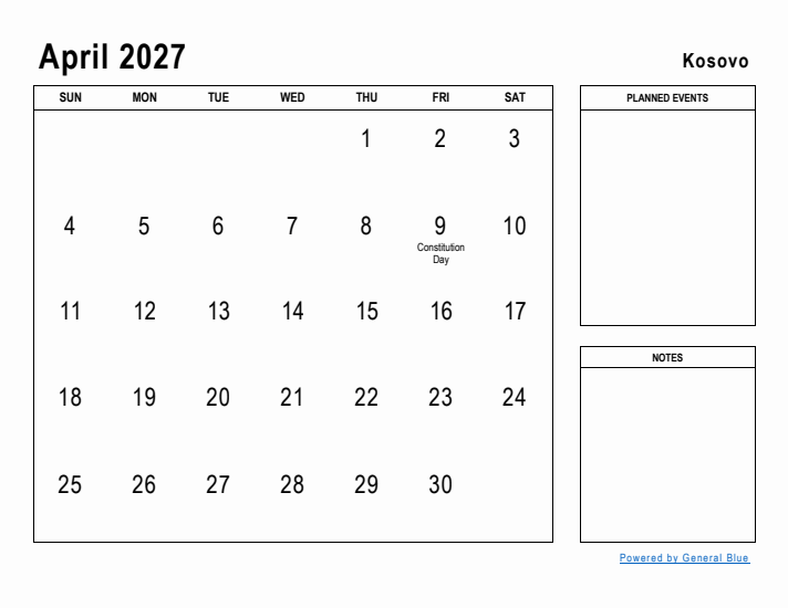 April 2027 Printable Monthly Calendar with Kosovo Holidays