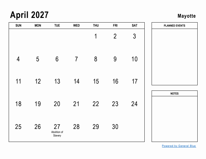 April 2027 Printable Monthly Calendar with Mayotte Holidays