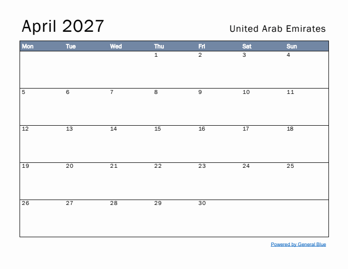 April 2027 Simple Monthly Calendar for United Arab Emirates