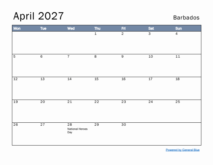 April 2027 Simple Monthly Calendar for Barbados