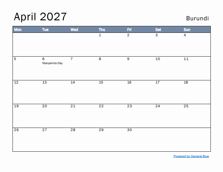 April 2027 Simple Monthly Calendar for Burundi