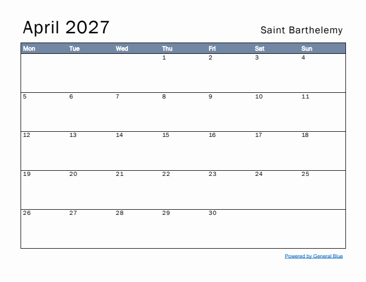 April 2027 Simple Monthly Calendar for Saint Barthelemy