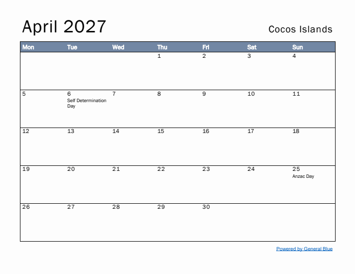 April 2027 Simple Monthly Calendar for Cocos Islands