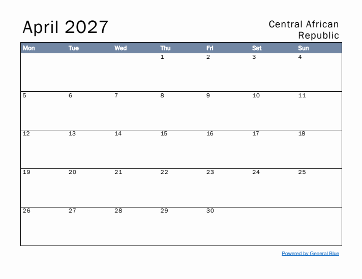 April 2027 Simple Monthly Calendar for Central African Republic