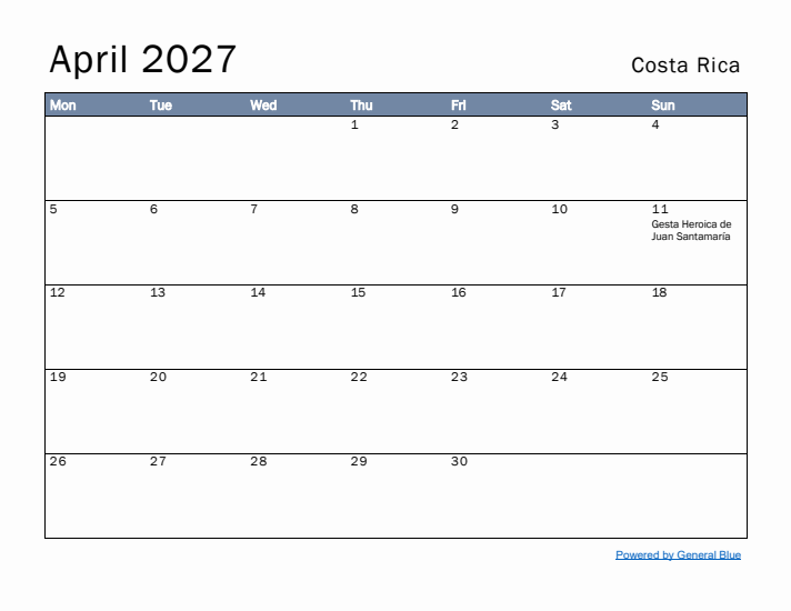 April 2027 Simple Monthly Calendar for Costa Rica