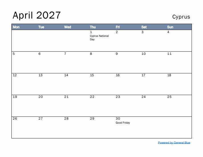 April 2027 Simple Monthly Calendar for Cyprus