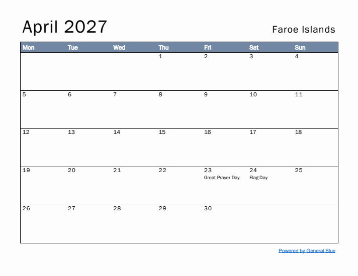 April 2027 Simple Monthly Calendar for Faroe Islands