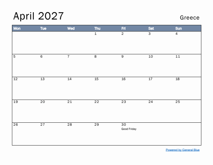 April 2027 Simple Monthly Calendar for Greece