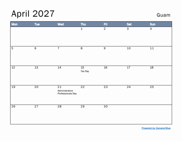 April 2027 Simple Monthly Calendar for Guam