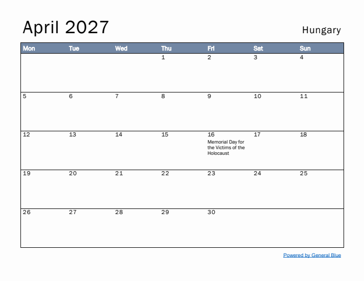 April 2027 Simple Monthly Calendar for Hungary