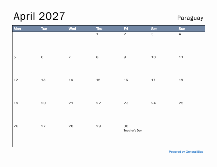 April 2027 Simple Monthly Calendar for Paraguay