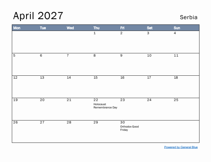 April 2027 Simple Monthly Calendar for Serbia